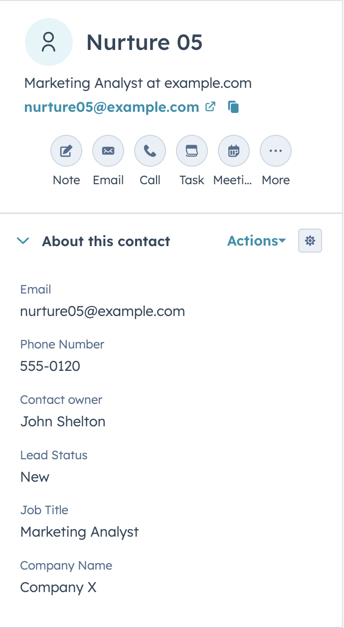 HubSpot contact context showing job title, company name, owner, and lead status.
