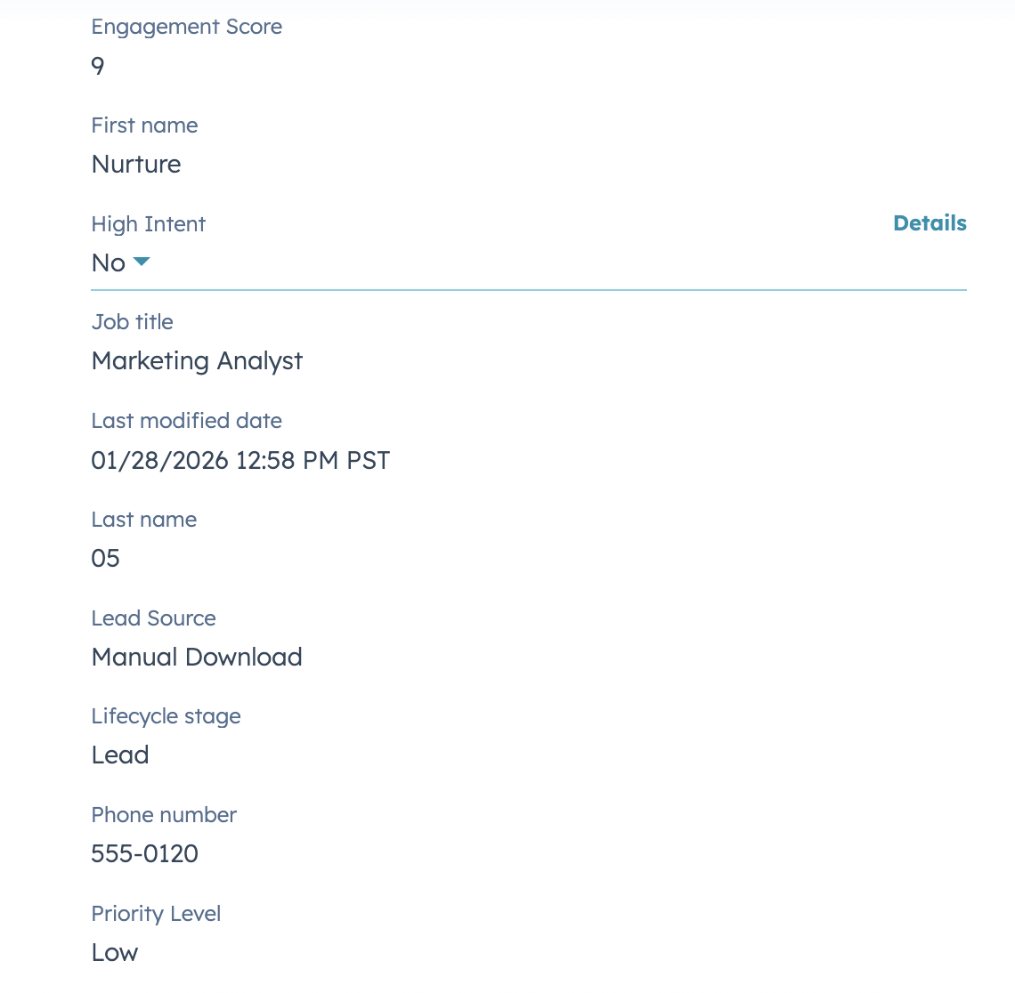 HubSpot properties showing Engagement Score, High Intent, and Priority Level.